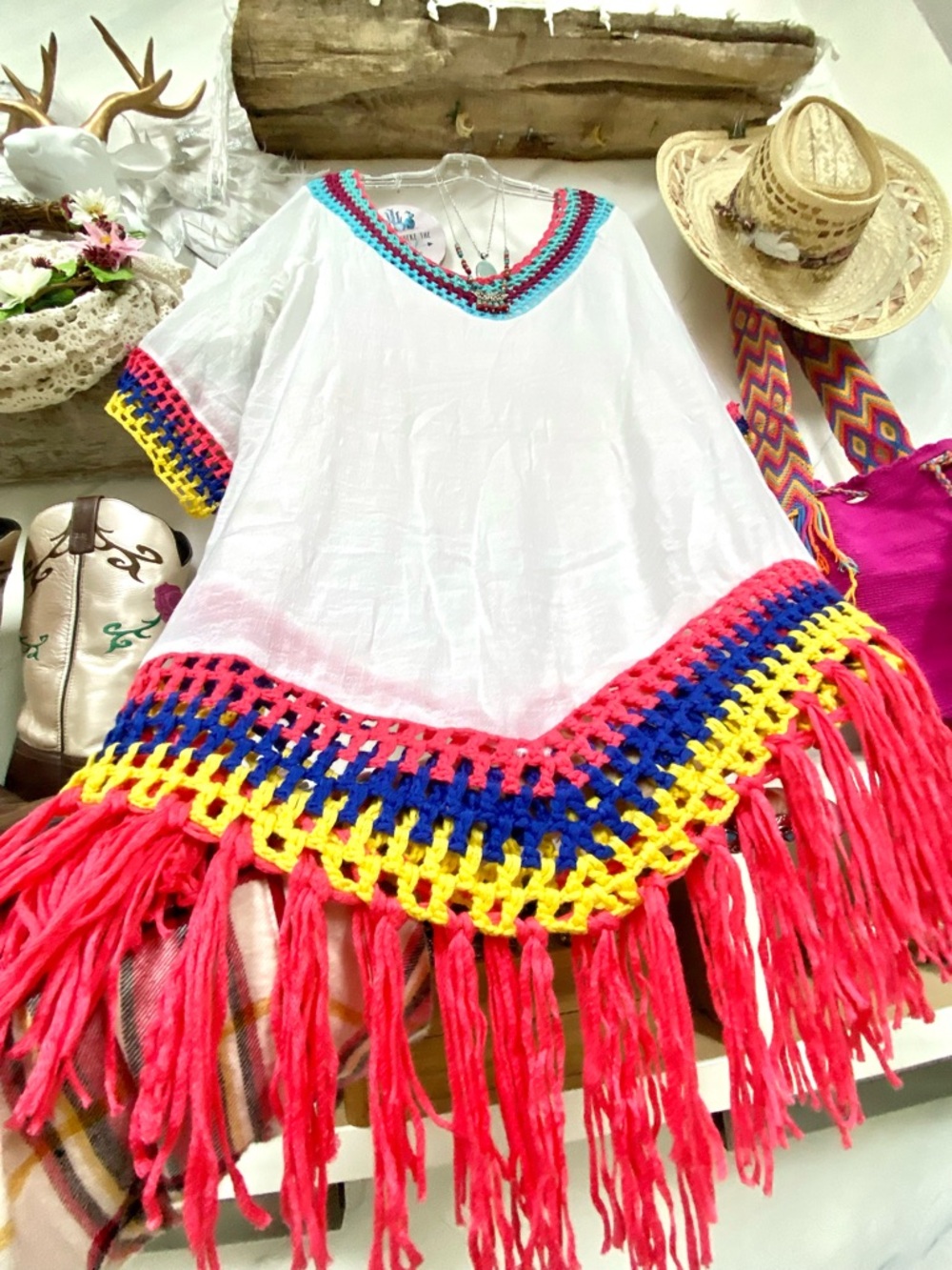 Granny fringe crochet boho tunic dress cover up w hippy Gypsy beach vibe - Picture 6 of 13